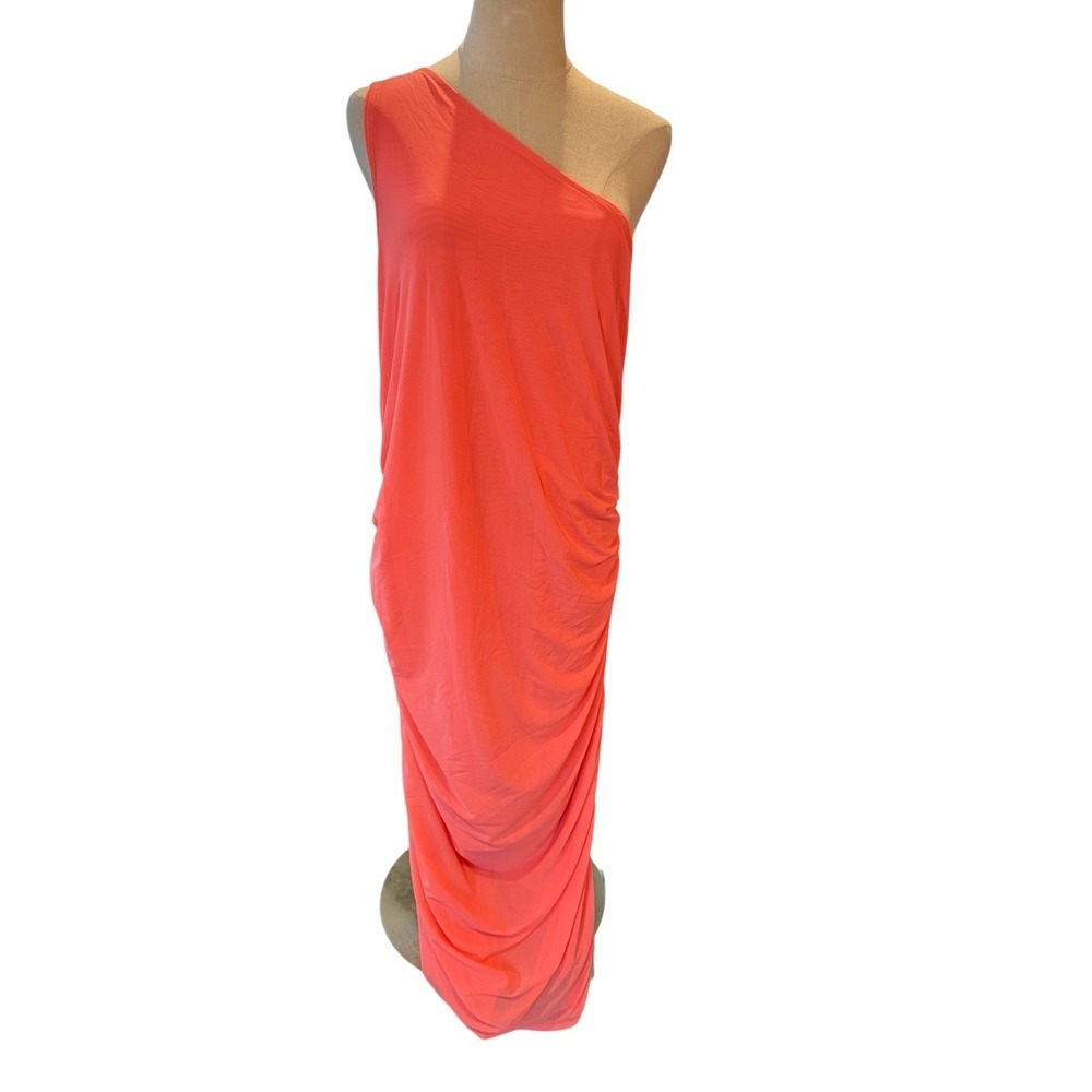 Anthropologie‎ Plus Neon Coral One Shoulder Ruched Mesh Maxi Dress 2X NEW